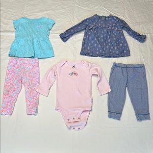 Carters baby girl size 9 month bundle. 2 tops, 2 pants and a long sleeve onesie.